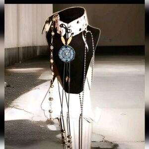 Navajo Choker Leather with Gemstones Sequin and Brass Chain and More, Handmade